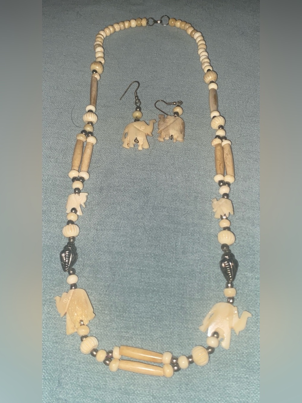 Vintage Carved Bovine Bone Elephant Necklace & Earring Set Tribal Boho Safari